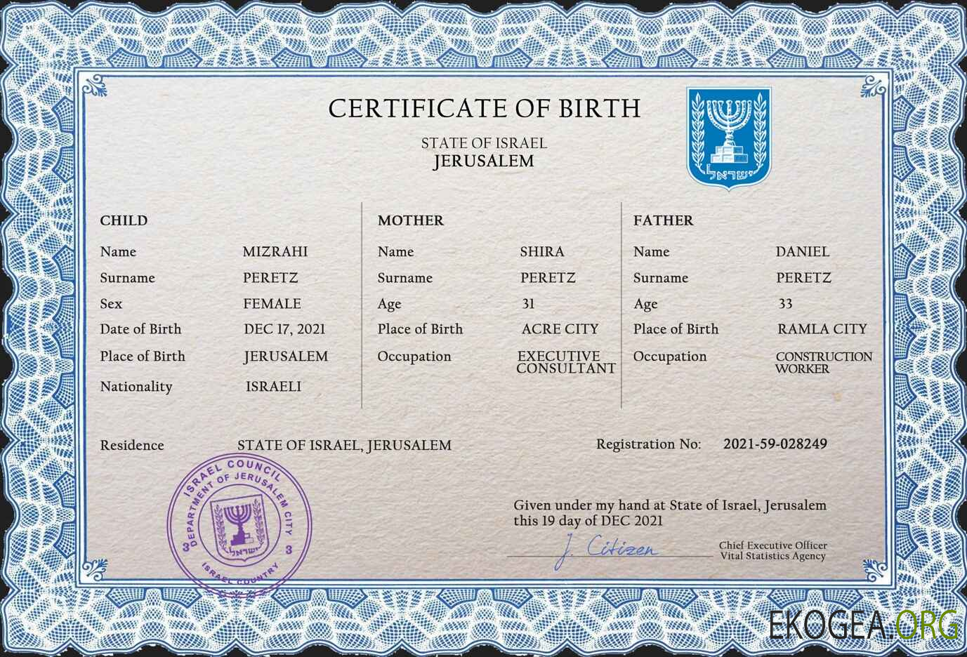 Modèle PSD de certificat de naissance de l'état civil d'Israël